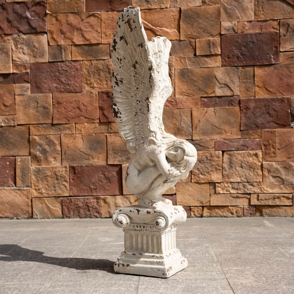 Kneeling Winged Angel on Classical Column Magnesium Oxide Sculpture (GS-2605-WH-QZYY) - Direct Wicker