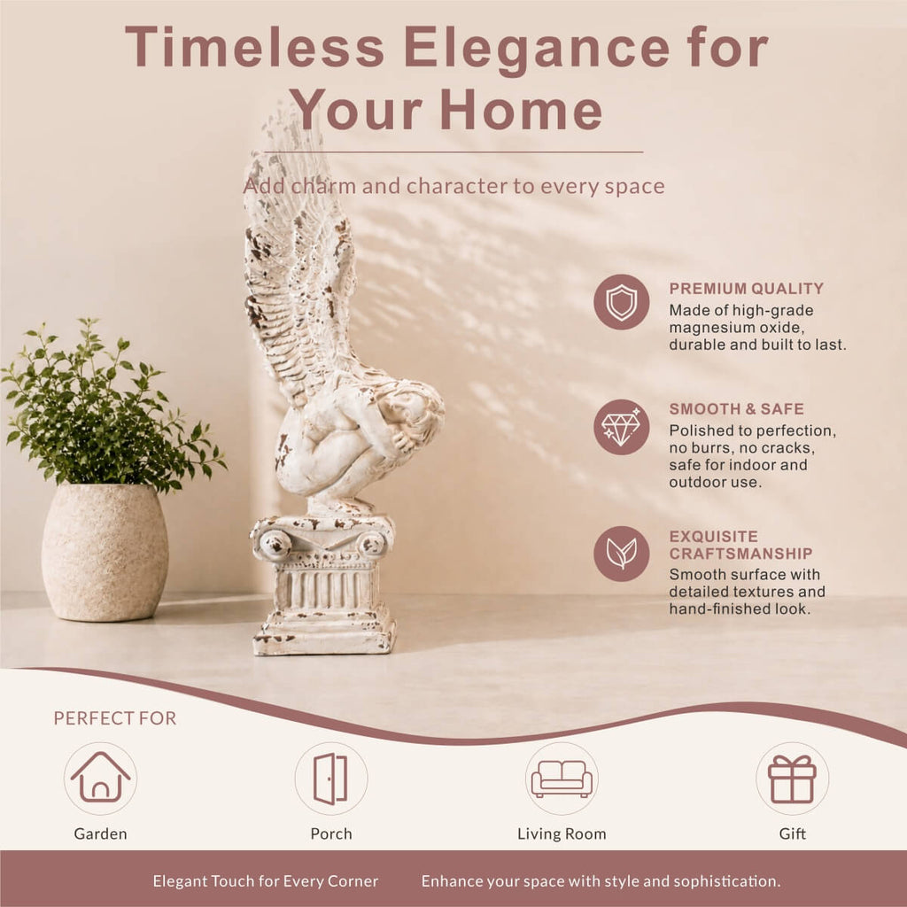 Kneeling Winged Angel on Classical Column Magnesium Oxide Sculpture (GS-2605-WH-QZYY) - Direct Wicker