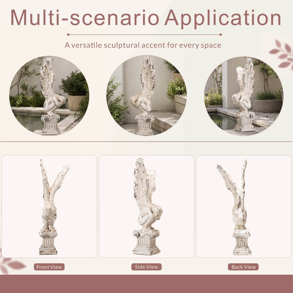 Kneeling Winged Angel on Classical Column Magnesium Oxide Sculpture (GS-2605-WH-QZYY) - Direct Wicker
