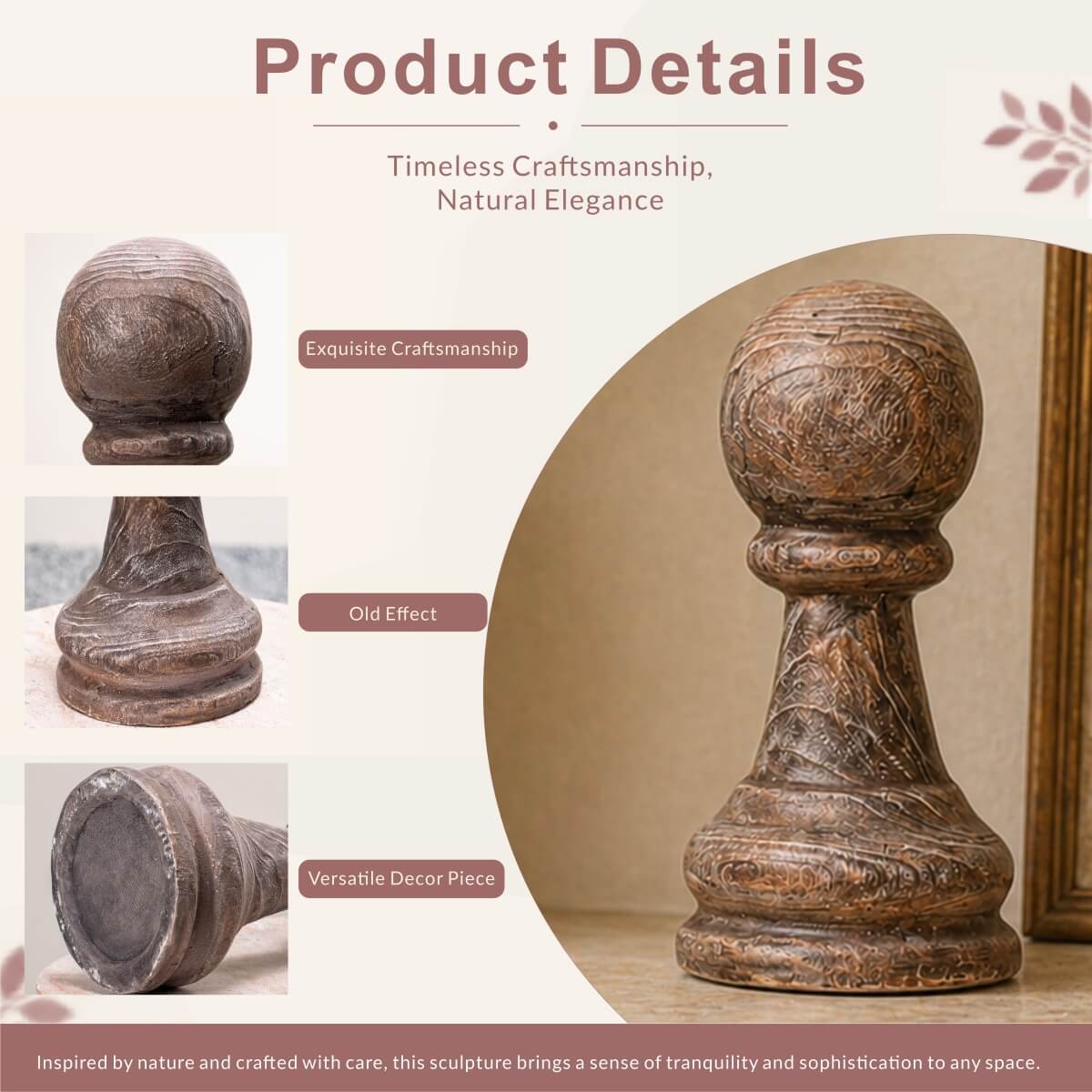Rustic Wood-Grain Sphere Finial Magnesium Oxide Garden Ornament (GS-2606-BR-QZYY)