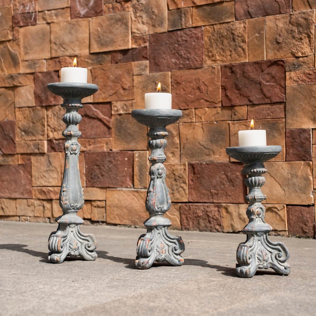 Vintage Grey & Rust Magnesium Oxide Candle Holder Trio (GS-2609/10/11-GR-QZYY)