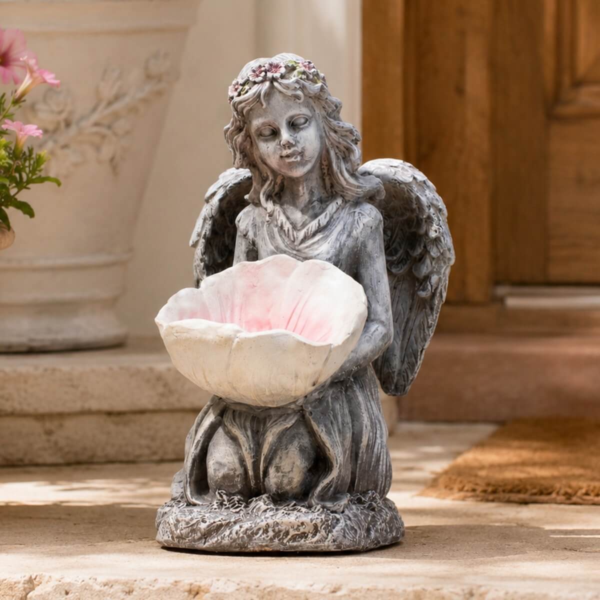 Serene Angel Holding Shell Magnesium Oxide Sculpture (GS-2648-GR-CY)