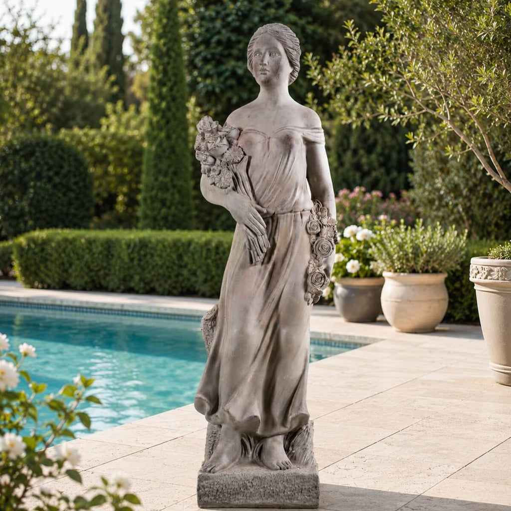 Grand Classical Maiden Holding Roses Magnesium Oxide Garden Statue (GS-2649-GR-CY)