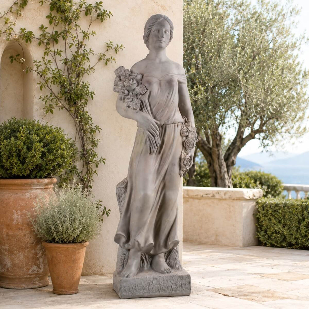 Grand Classical Maiden Holding Roses Magnesium Oxide Garden Statue (GS-2649-GR-CY)