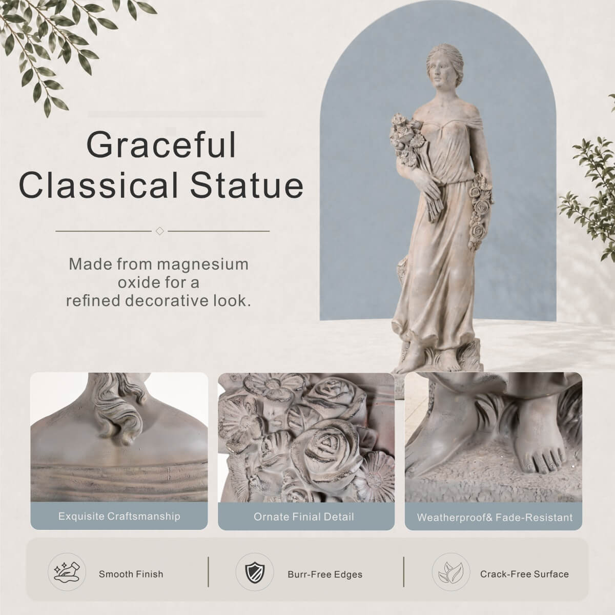 Grand Classical Maiden Holding Roses Magnesium Oxide Garden Statue (GS-2649-GR-CY)