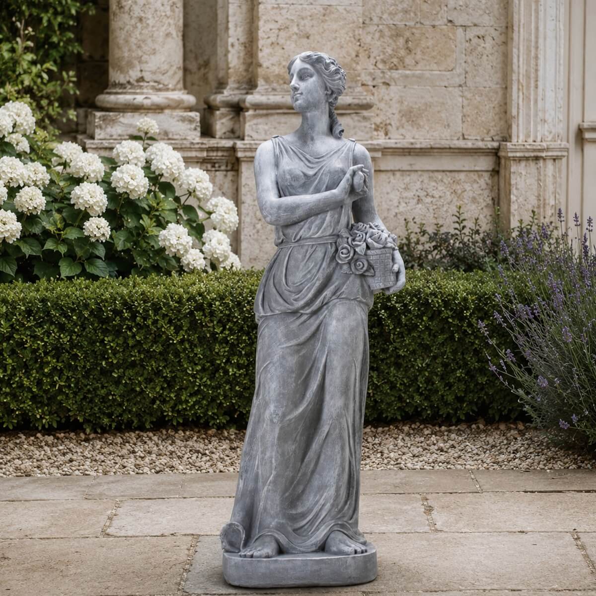 Classical Maiden Holding Flower Basket Magnesium Oxide Sculpture (GS-2650-WH-CY)