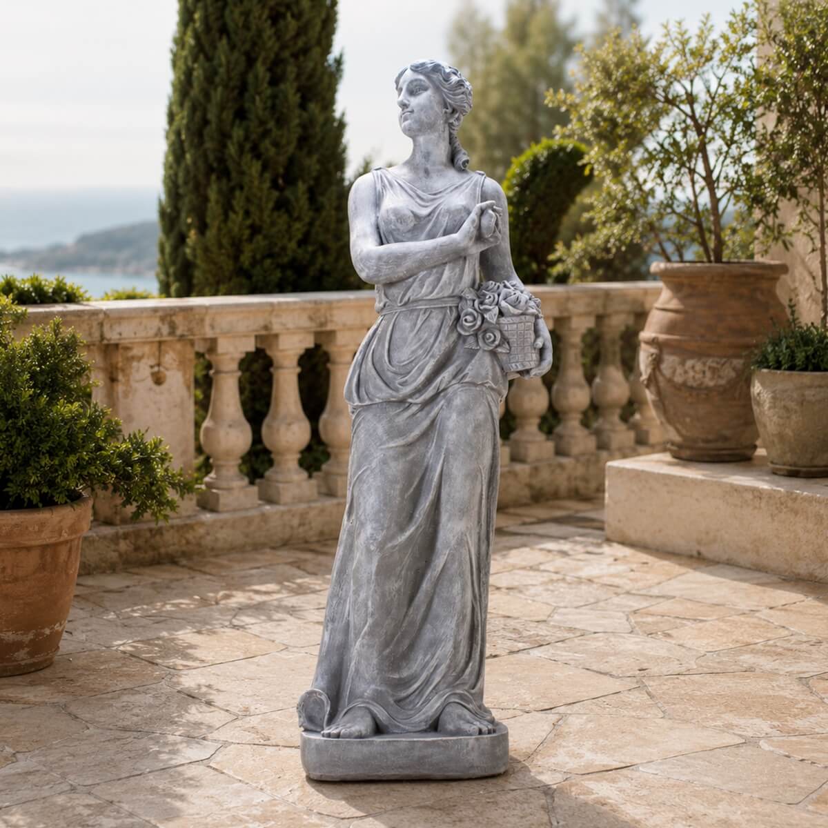 Classical Maiden Holding Flower Basket Magnesium Oxide Sculpture (GS-2650-WH-CY)