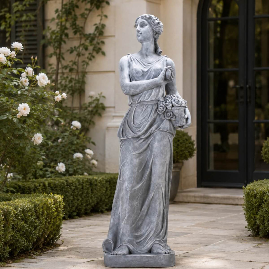 Classical Maiden Holding Flower Basket Magnesium Oxide Sculpture (GS-2650-WH-CY)