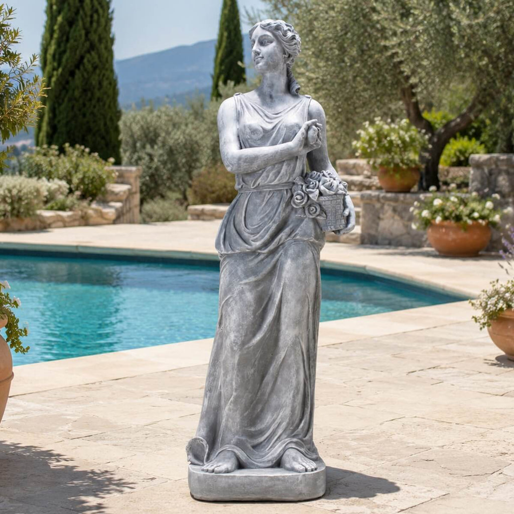 Classical Maiden Holding Flower Basket Magnesium Oxide Sculpture (GS-2650-WH-CY)