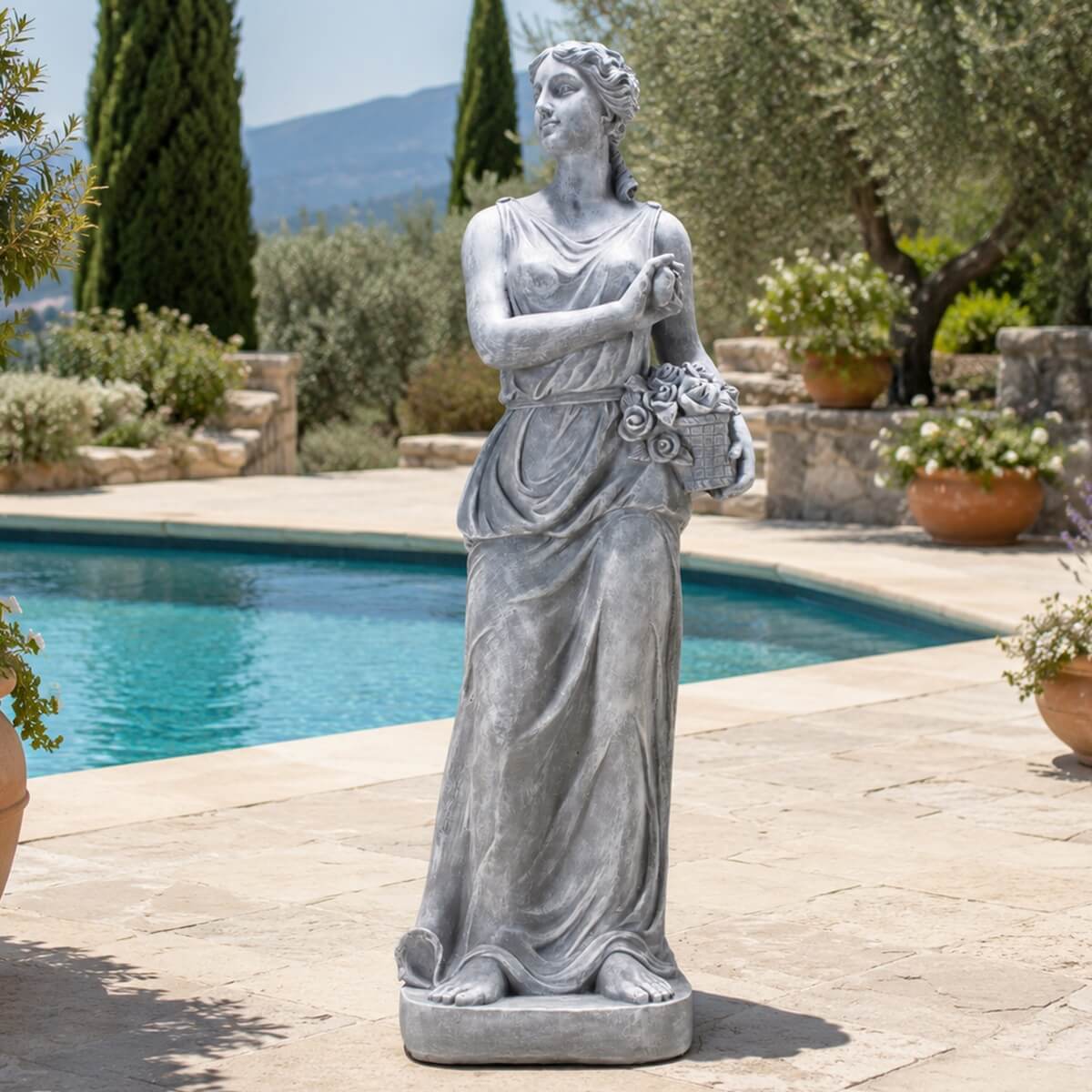 Classical Maiden Holding Flower Basket Magnesium Oxide Sculpture (GS-2650-WH-CY)