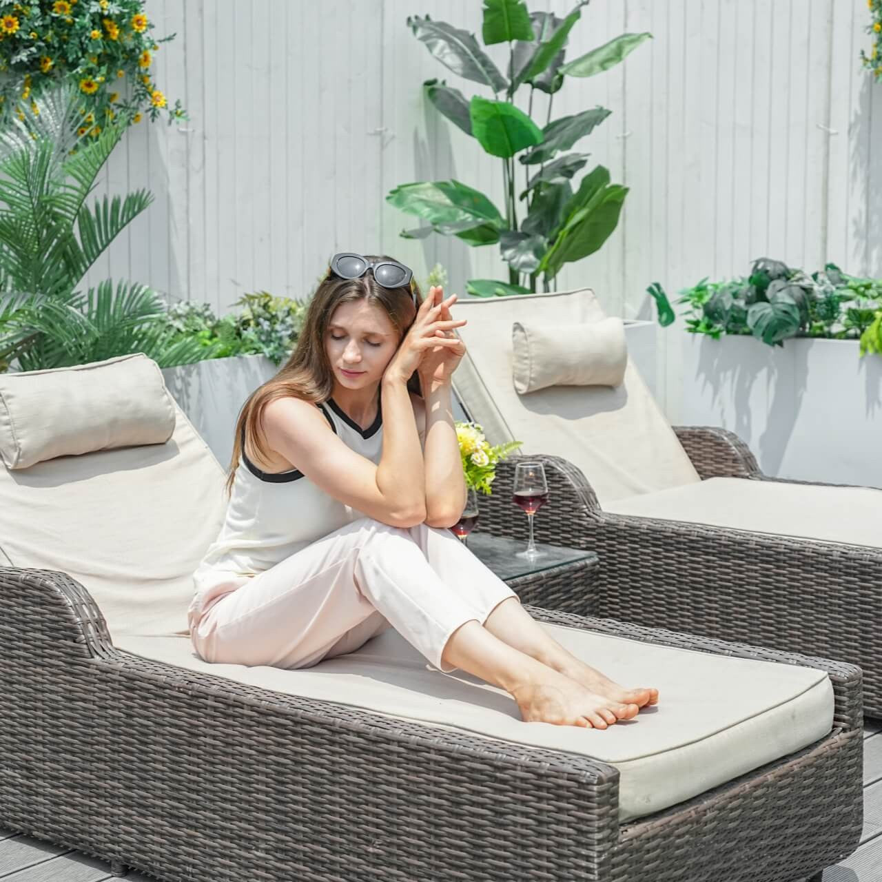 Details of Outdoor Wicker Chaise Lounge with Armrest PAL-1127B in Gray Color