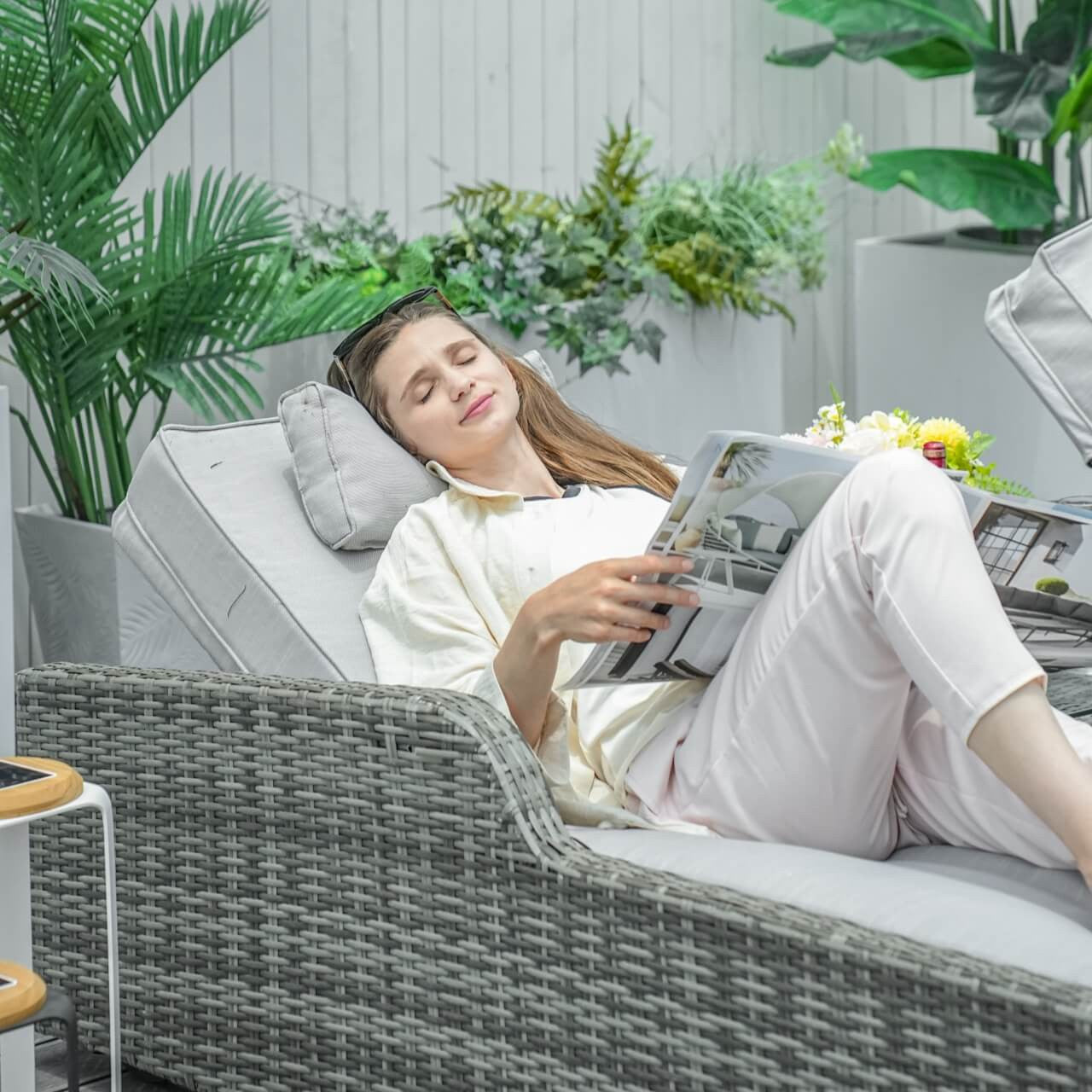 Details of Outdoor Wicker Chaise Lounge with Armrest PAL-1127B in Gray Color