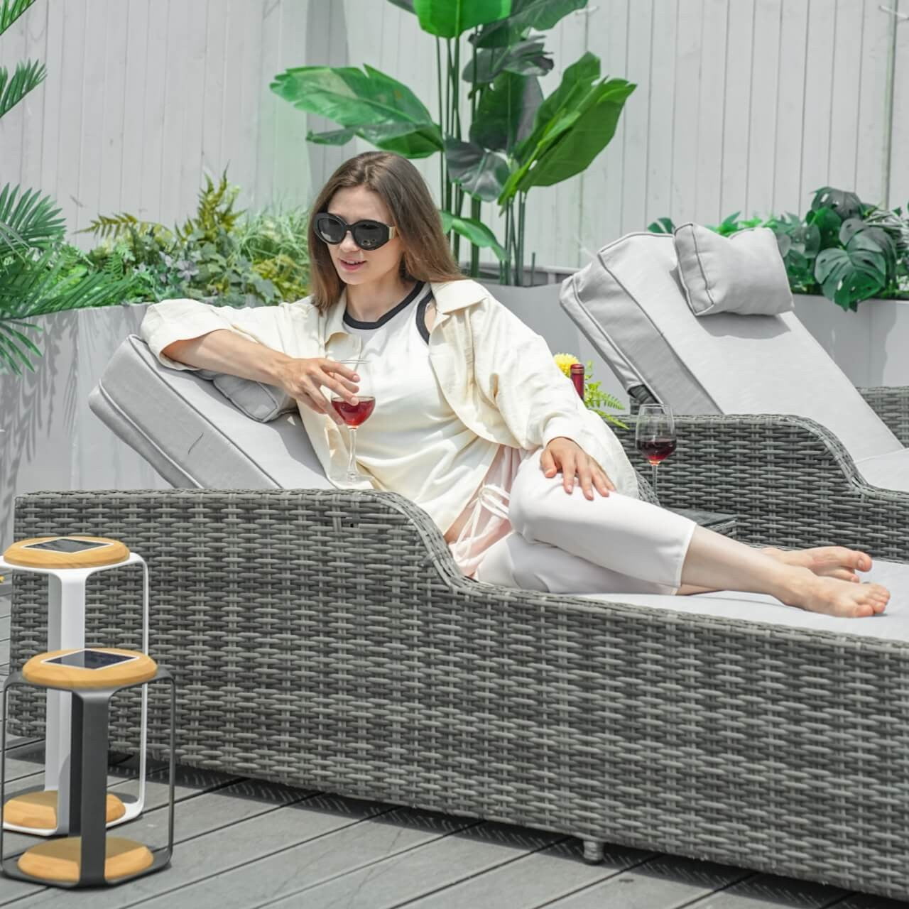 Details of Outdoor Wicker Chaise Lounge with Armrest PAL-1127B in Gray Color