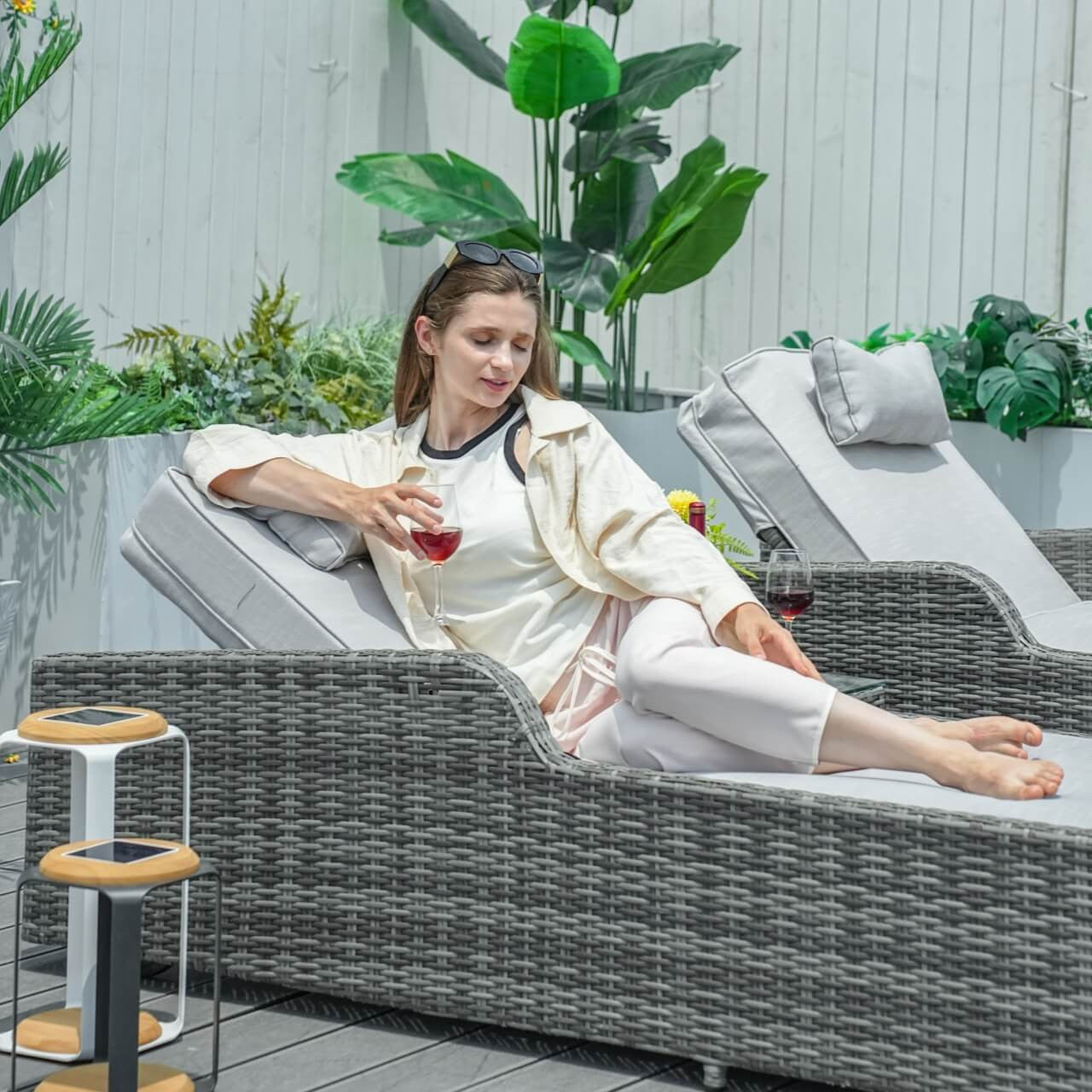 Details of Outdoor Wicker Chaise Lounge with Armrest PAL-1127B in Gray Color