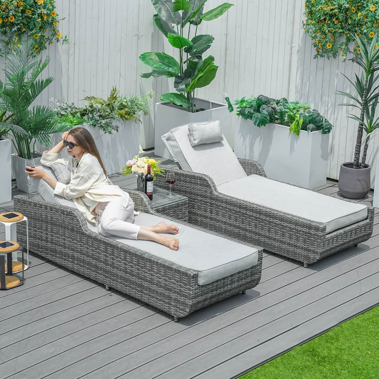 Outdoor Wicker Chaise Lounge with Armrest PAL-1127B in Gray Color
