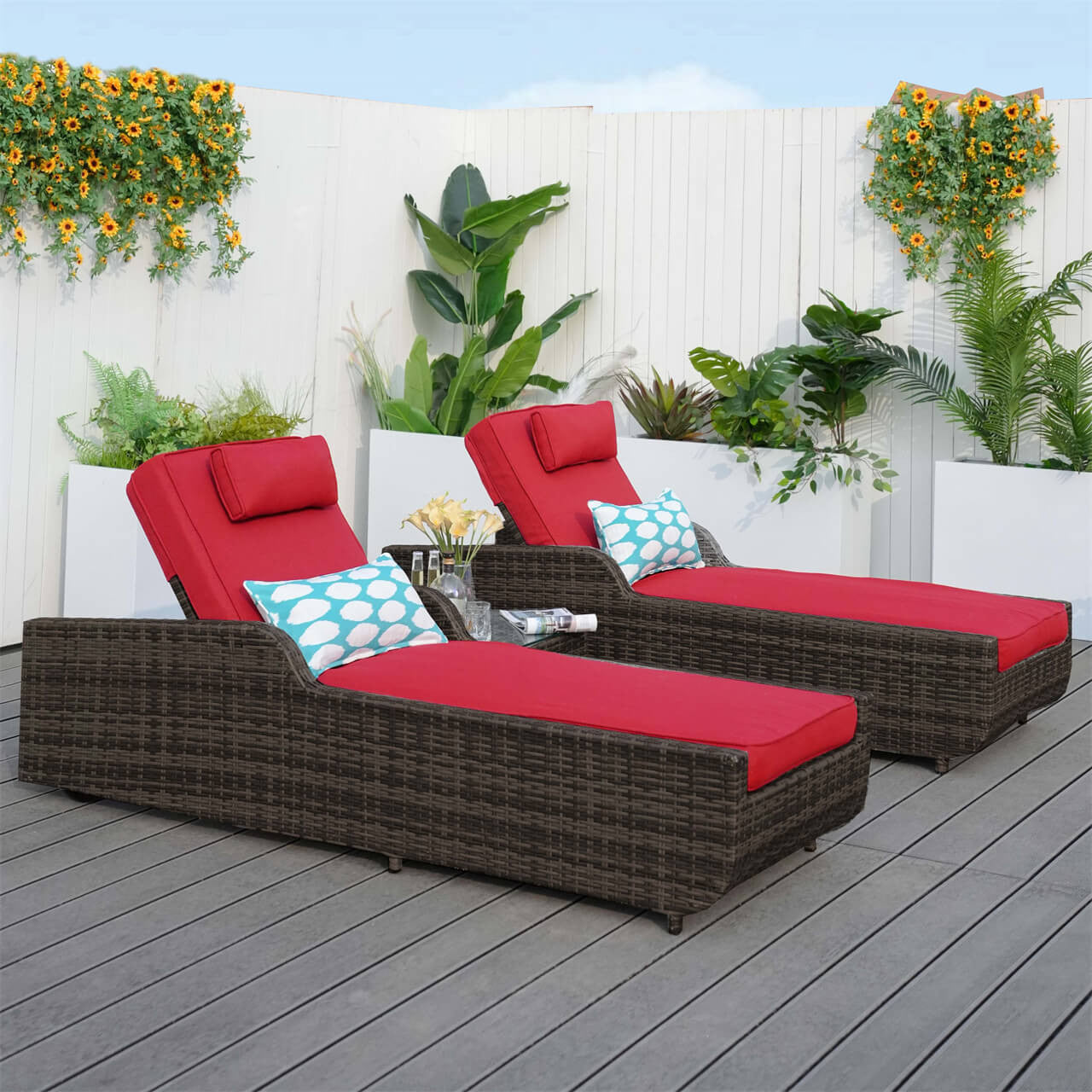 Outdoor Wicker Chaise Lounge with Armrest PAL-1127B with Brown Wicker and Red Covers