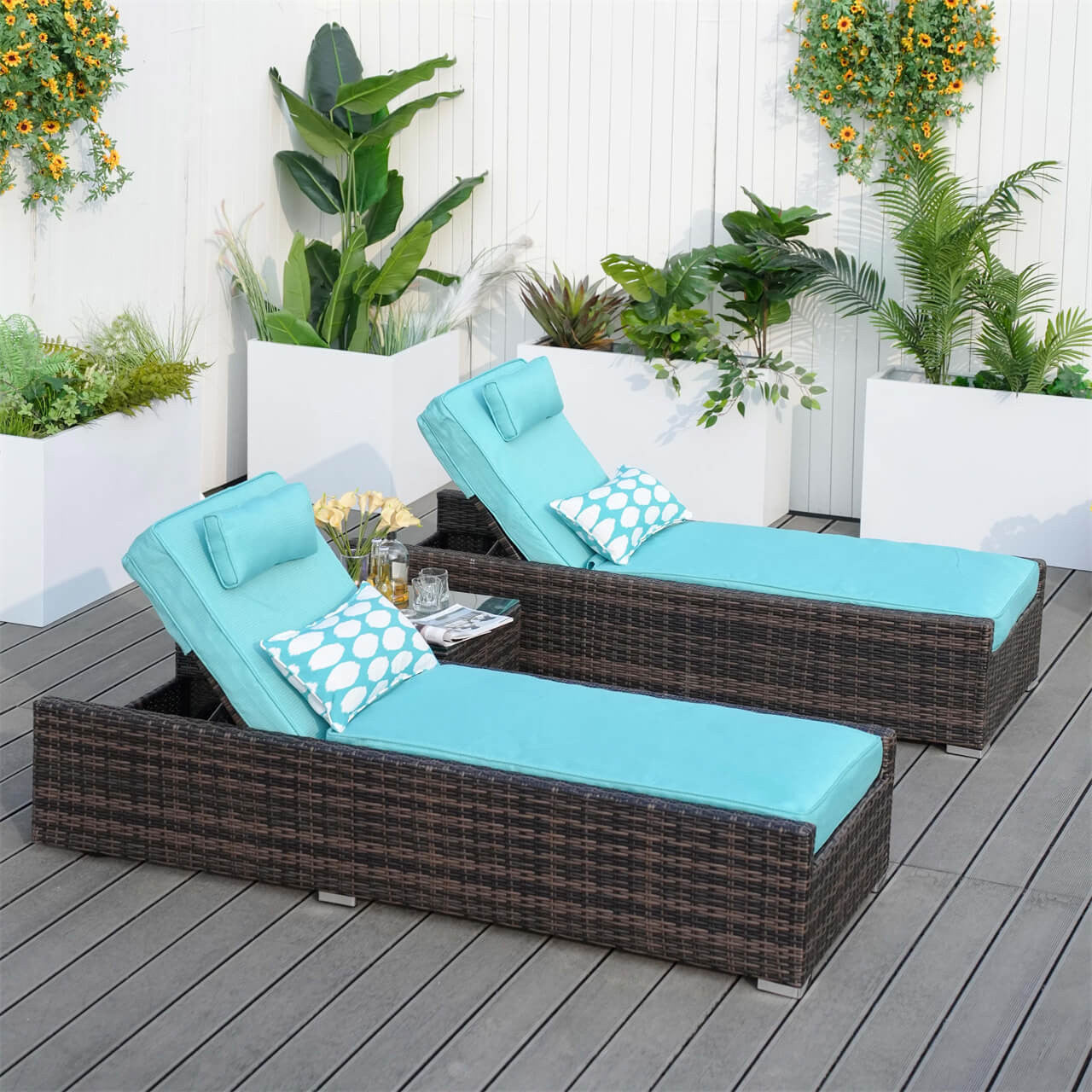 Outdoor Wicker Chaise Lounge PAL-1127 with Cyan Covers