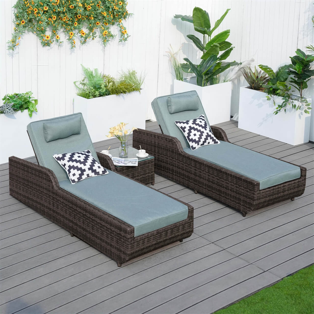 Outdoor Wicker Chaise Lounge with Armrest PAL-1127B with Brown Wicker and Celadon Covers