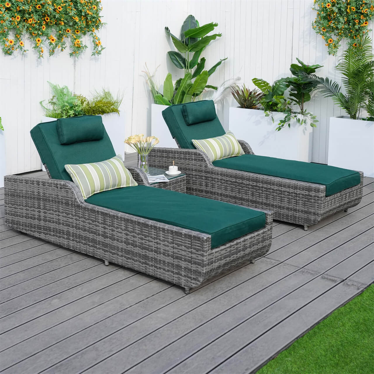 Outdoor Wicker Chaise Lounge with Armrest PAL-1127B with Gray Wicker and Green Covers