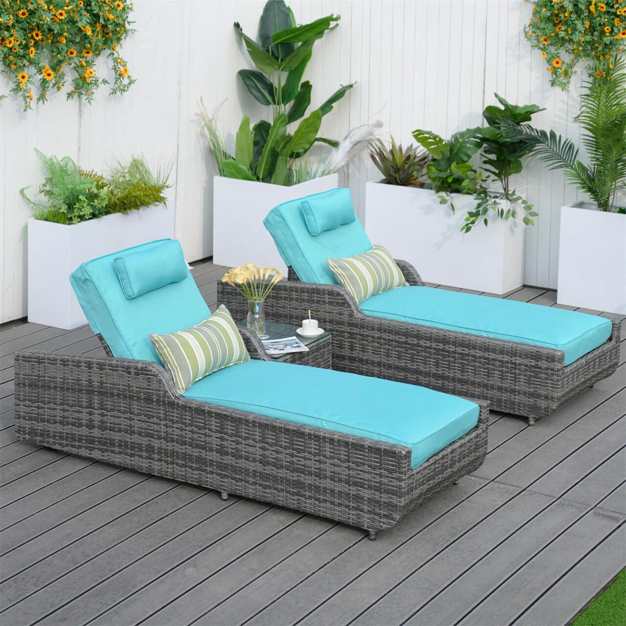 Outdoor Wicker Chaise Lounge with Armrest PAL-1127B with Gray Wicker and Cyan Covers
