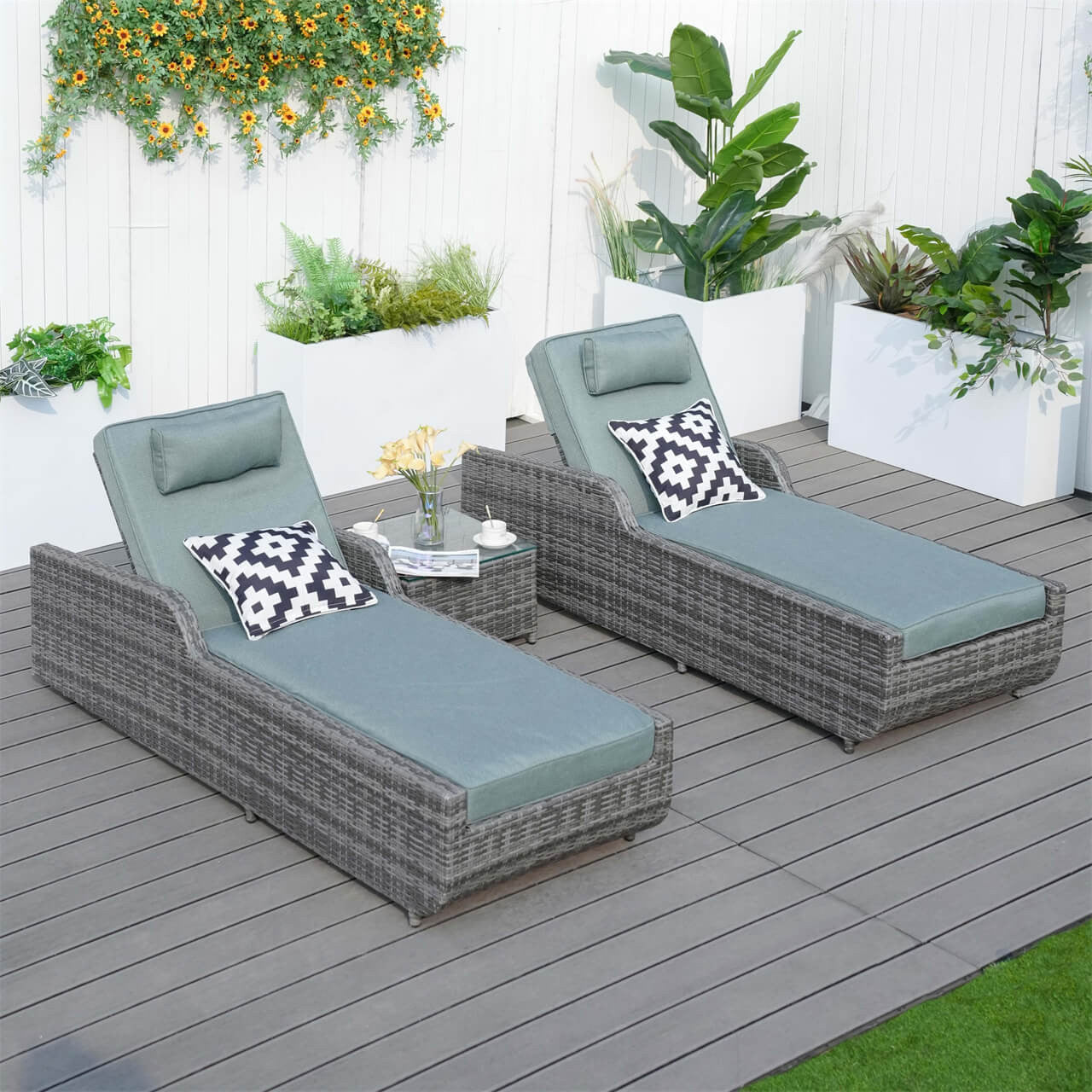 Outdoor Wicker Chaise Lounge with Armrest PAL-1127B with Gray Wicker and Celadon Covers