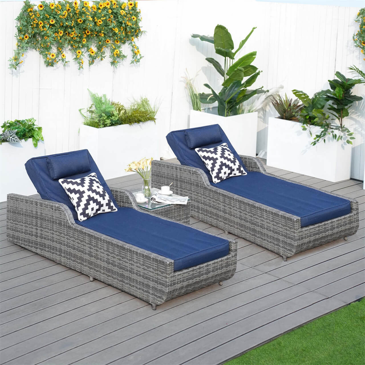 Outdoor Wicker Chaise Lounge with Armrest PAL-1127B with gray Wicker and Blue Covers
