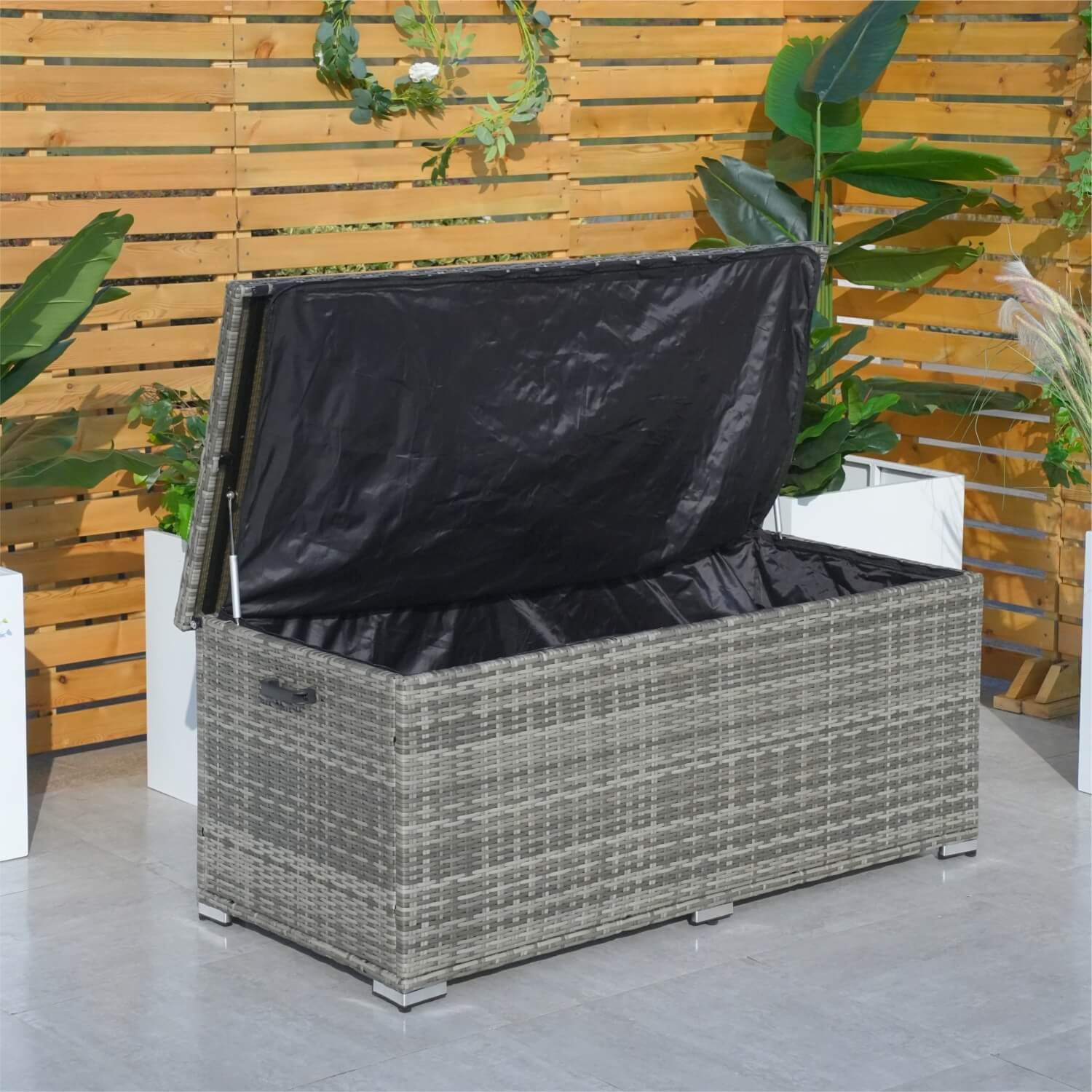 130 Gallon Capacity Outdoor Wicker Storage Box PE Wicker with Iron Frame (PA-3256M-I) - Direct Wicker