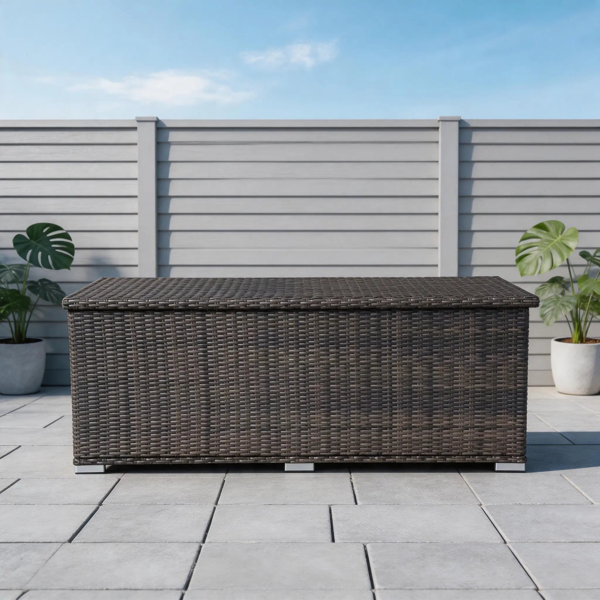 130 Gallon Capacity Outdoor Wicker Storage Box PE Wicker with Iron Frame (PA-3256M-I) - Direct Wicker