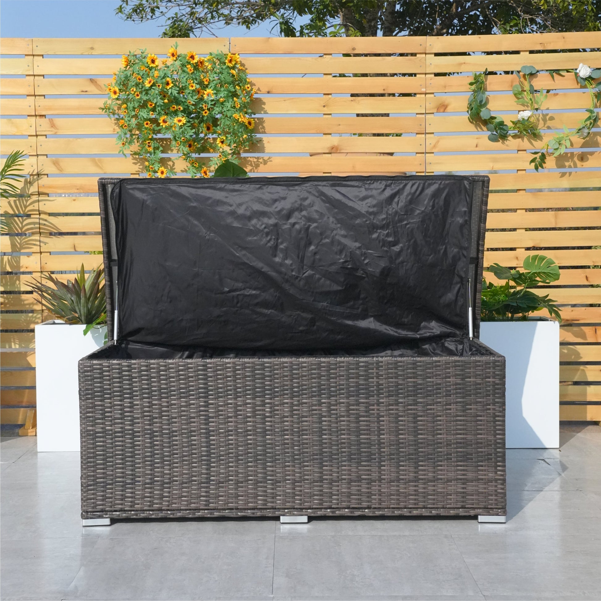 130 Gallon Capacity Outdoor Wicker Storage Box PE Wicker with Iron Frame (PA-3256M-I) - Direct Wicker