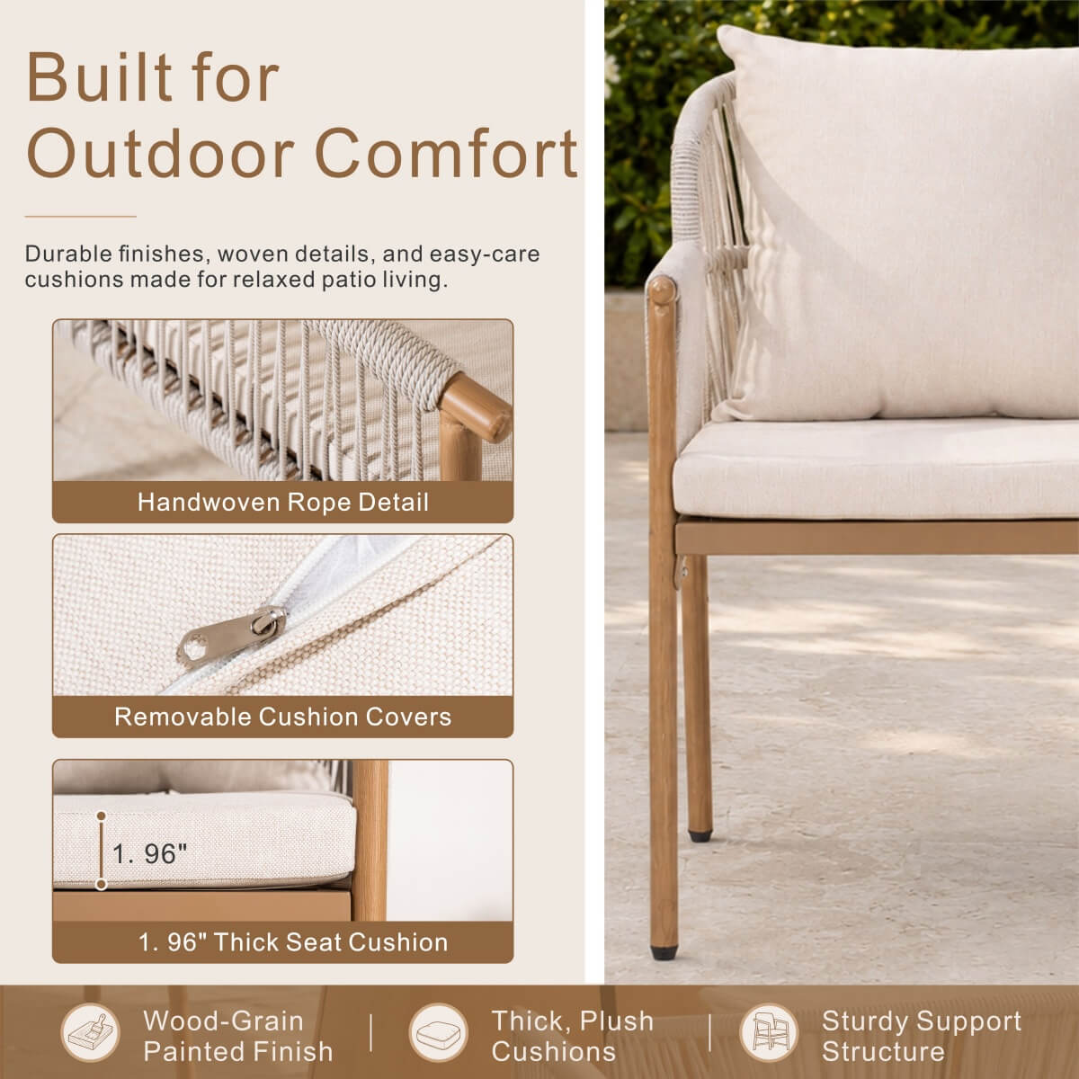 Modern Rope Woven Patio Dining Set with Wood-Grain Table (PAD-2663-Set)
