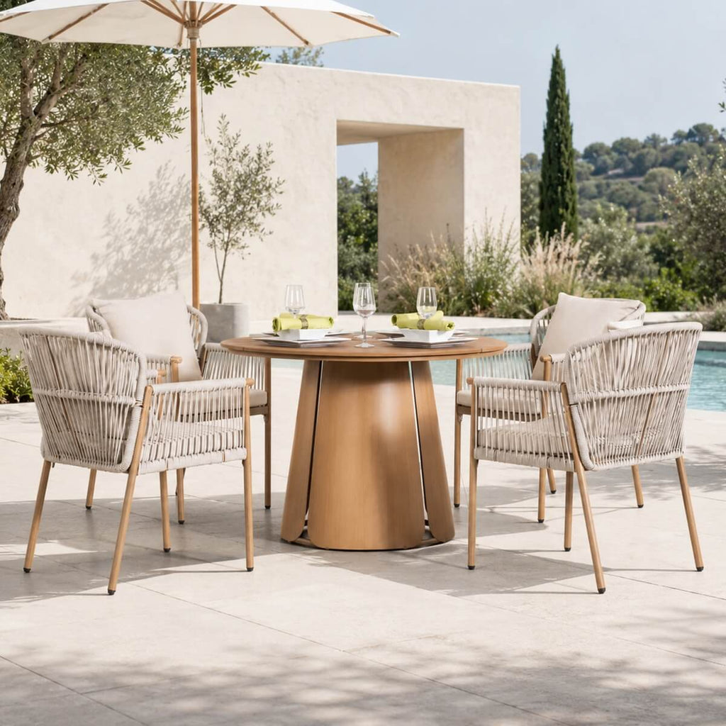 Modern Rope Woven Patio Dining Set with Wood-Grain Table (PAD-2663-Set)
