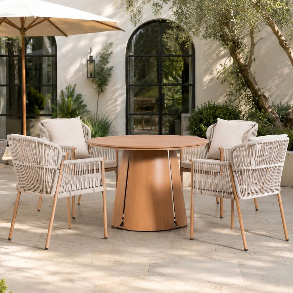Modern Rope Woven Patio Dining Set with Wood-Grain Table (PAD-2663-Set)