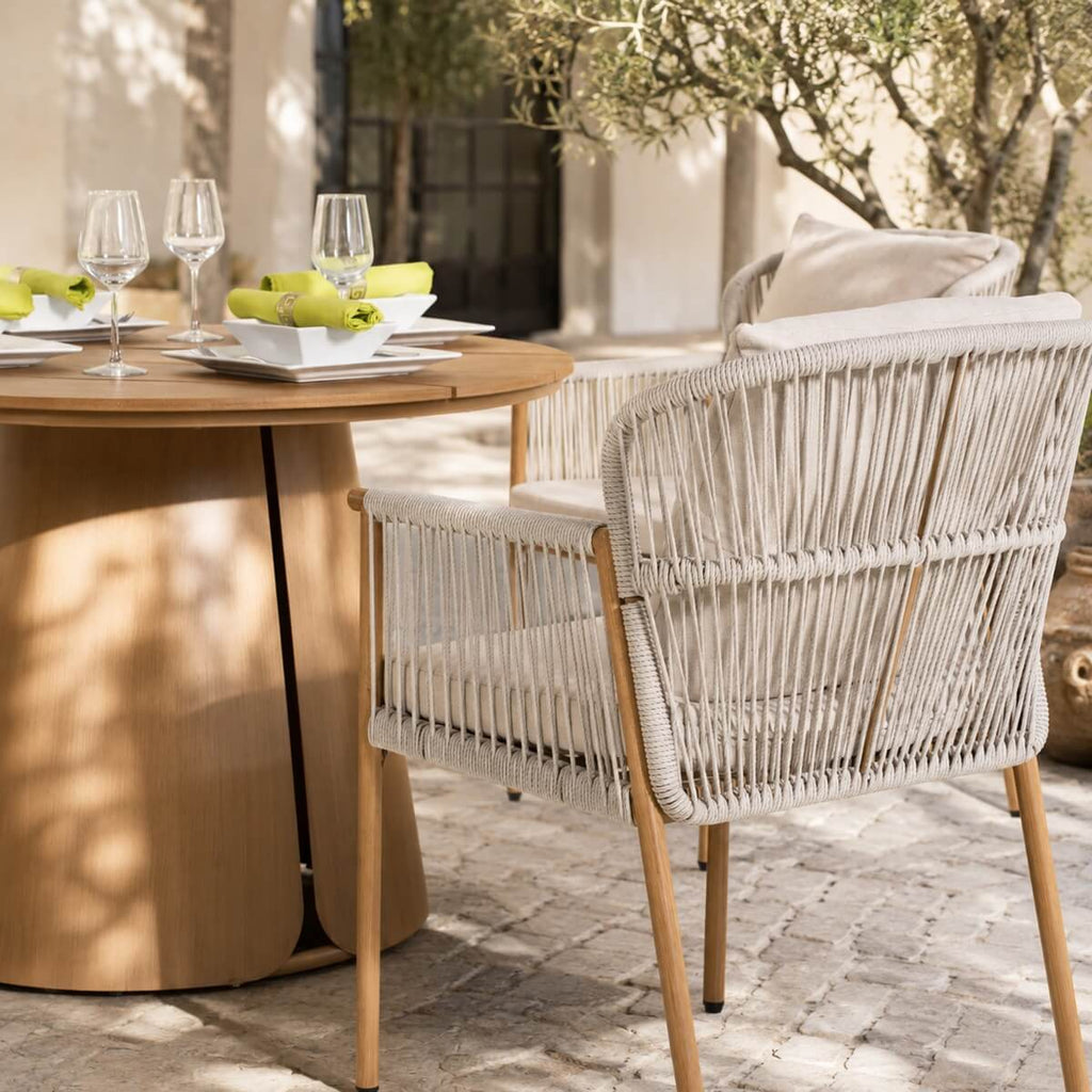 Modern Rope Woven Patio Dining Set with Wood-Grain Table (PAD-2663-Set)