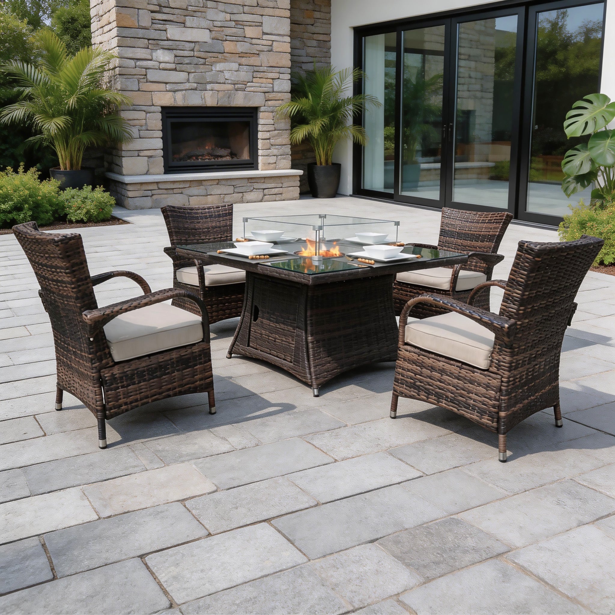4-Seater Outdoor Fire Pit Set - Hampton Chairs with Cube Fire Pit Table (PAG-1104+1122)