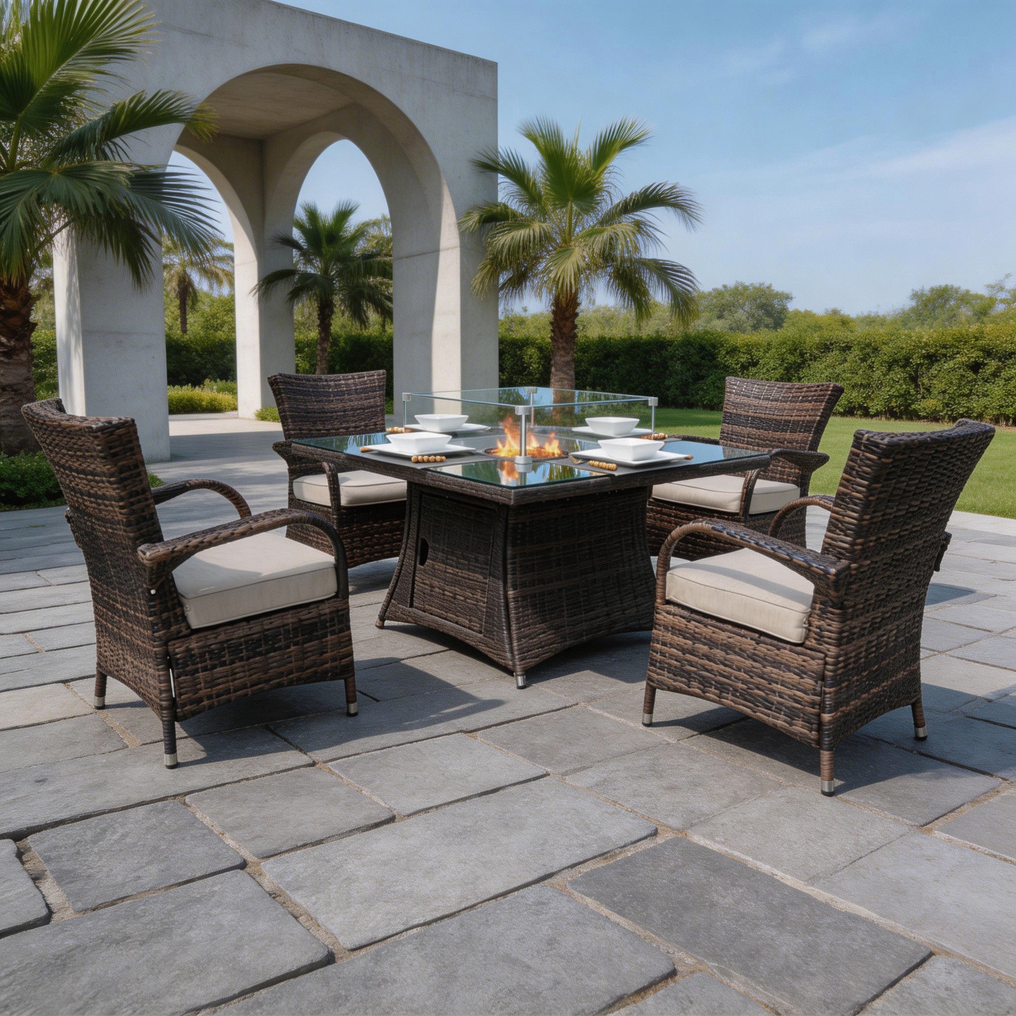 4-Seater Outdoor Fire Pit Set - Hampton Chairs with Cube Fire Pit Table (PAG-1104+1122)