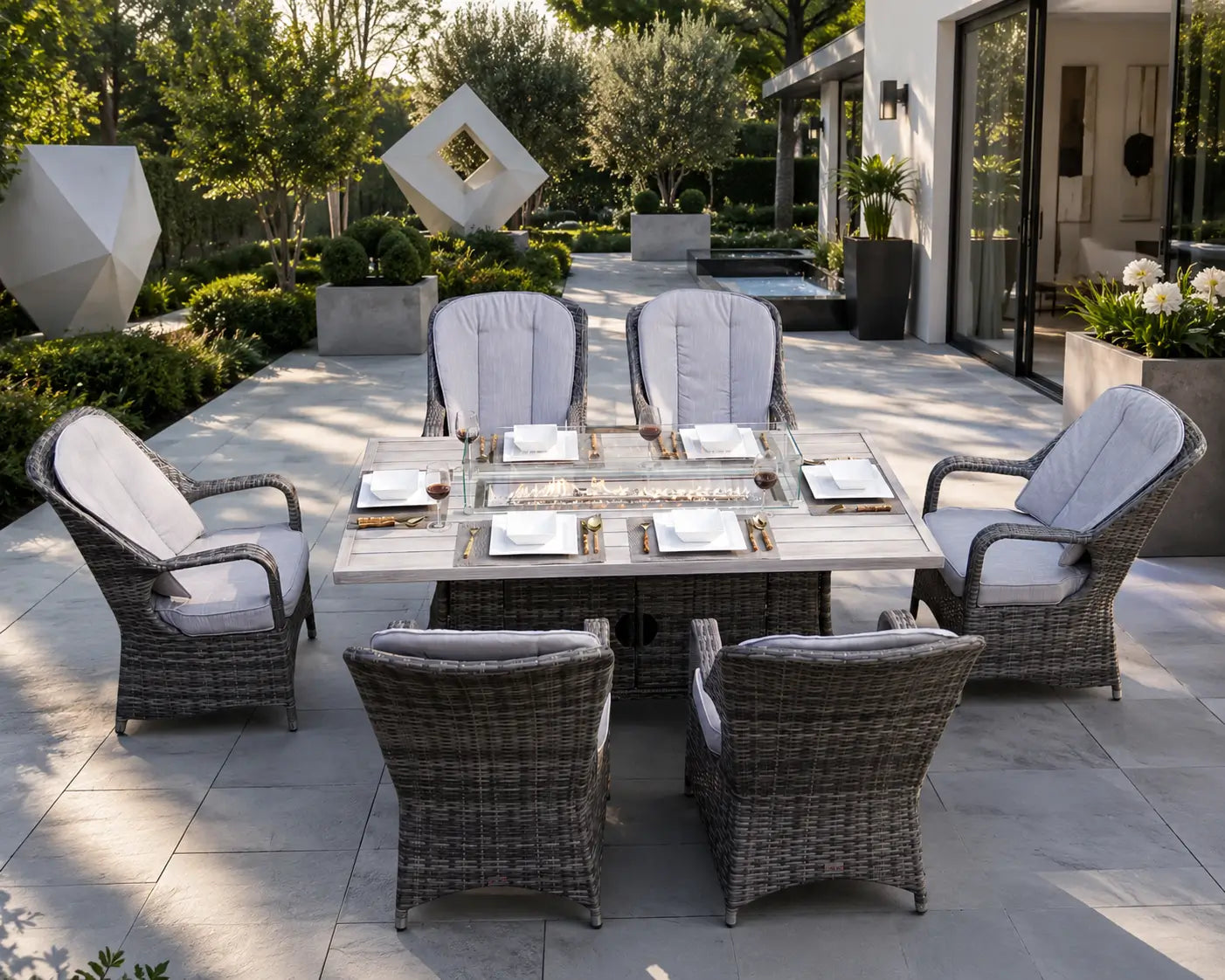 Parma 6-Seat Outdoor Fire Pit Dining Set with Aluminum TableTop (PAG-1106RA) Scene2 - Direct Wicker