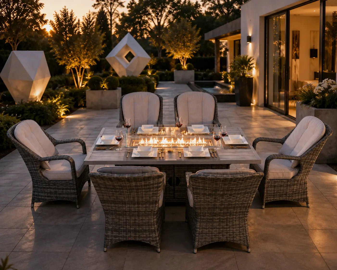 Parma 6-Seat Outdoor Fire Pit Dining Set with Aluminum TableTop (PAG-1106RA) Scene1 - Direct Wicker