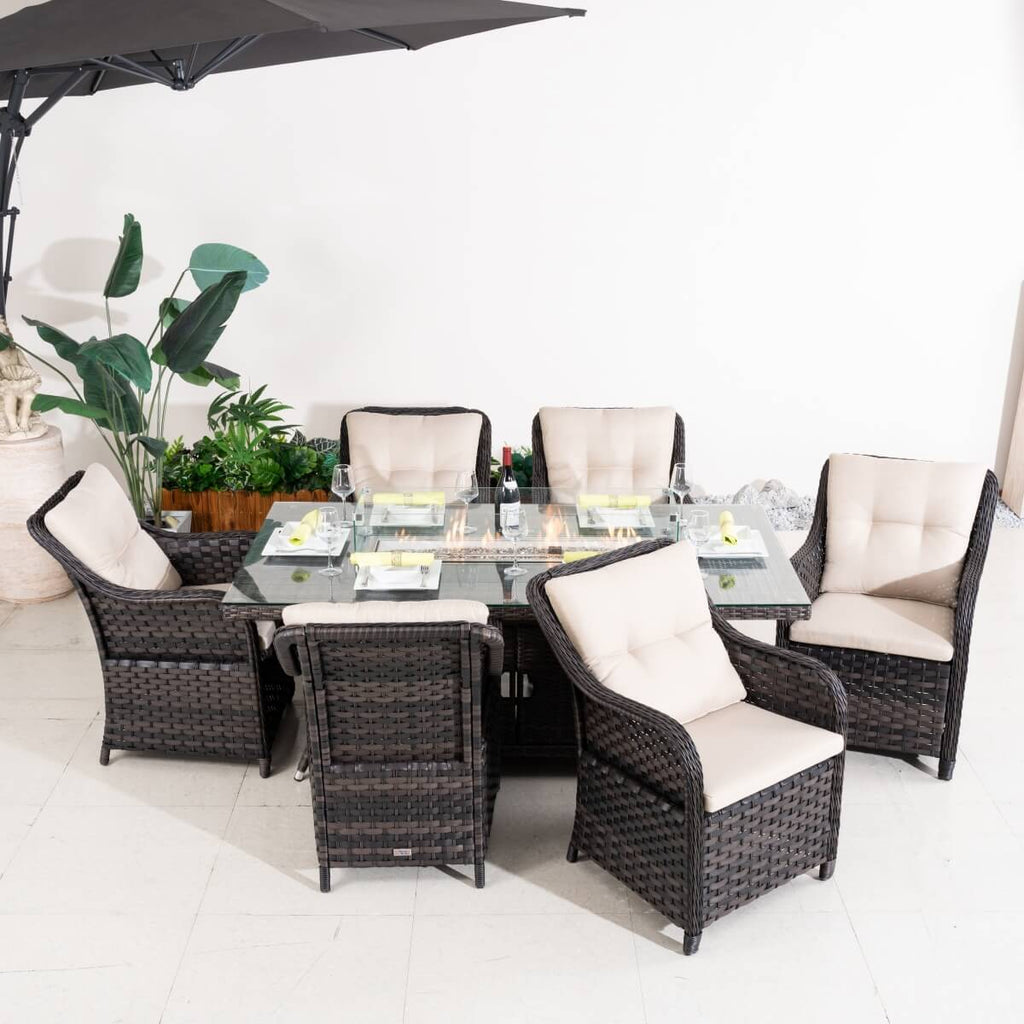 7-Piece Outdoor Patio Fire Pit Dining Set with Aluminum Frame & PE Wicker (PAG-1106R+012)