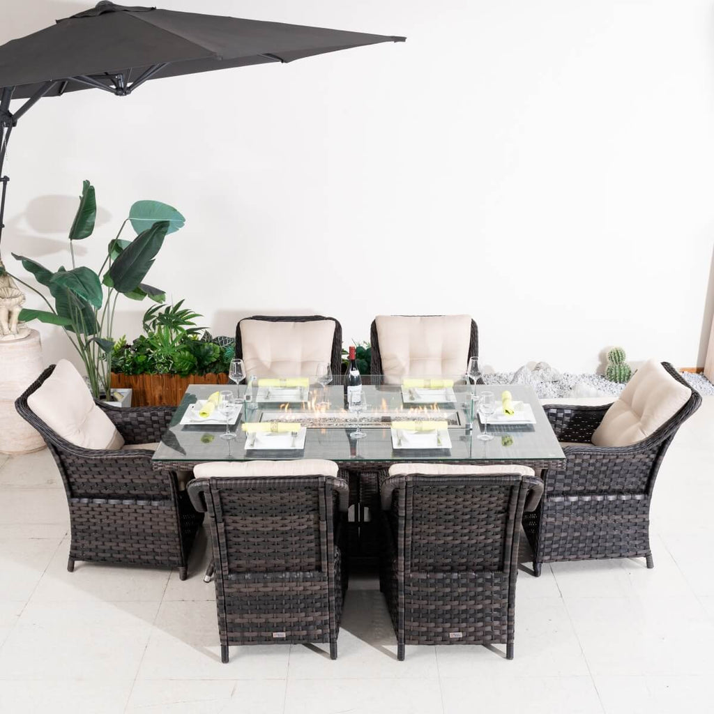 7-Piece Outdoor Patio Fire Pit Dining Set with Aluminum Frame & PE Wicker (PAG-1106R+012)