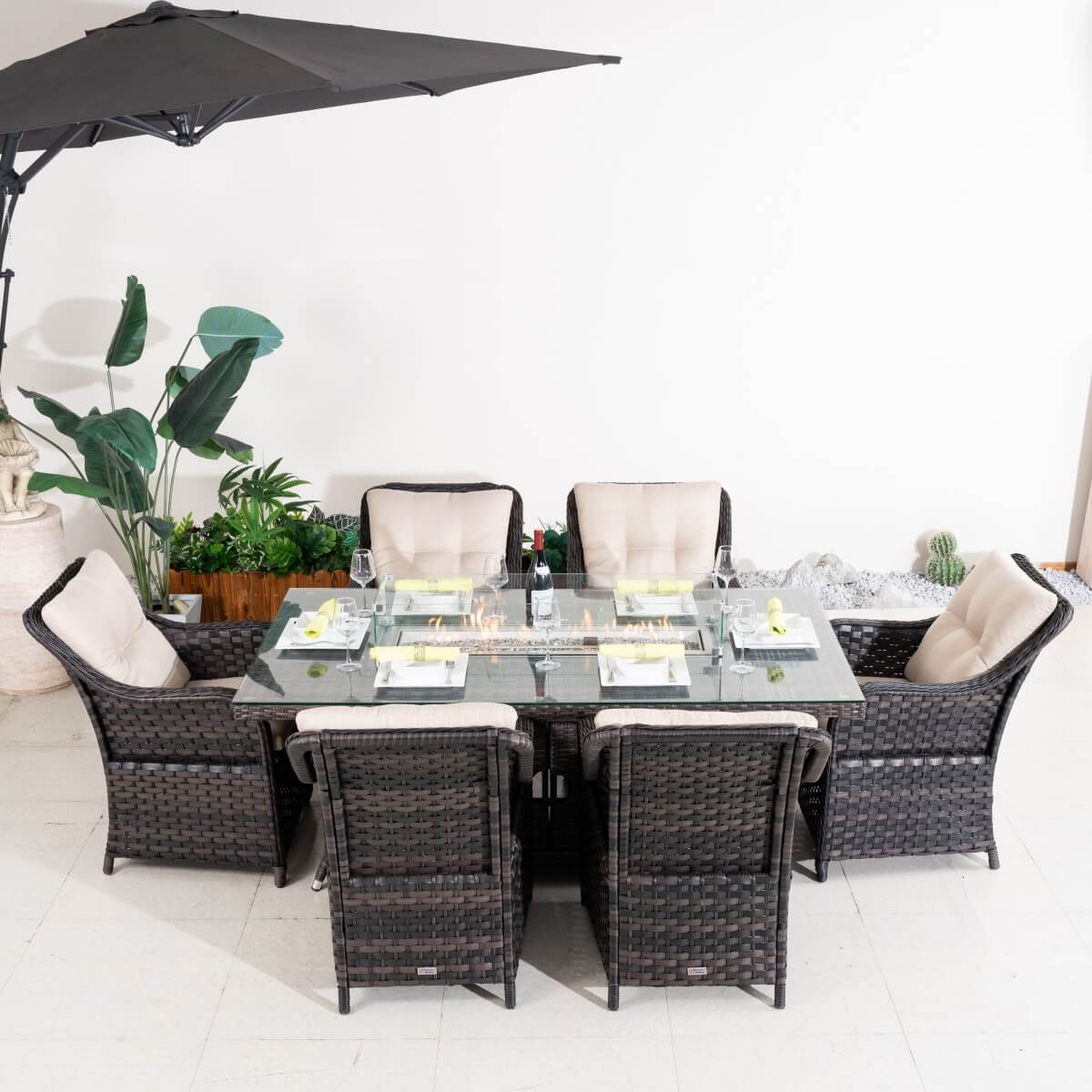 7-Piece Outdoor Patio Fire Pit Dining Set with Aluminum Frame & PE Wicker (PAG-1106R+012)