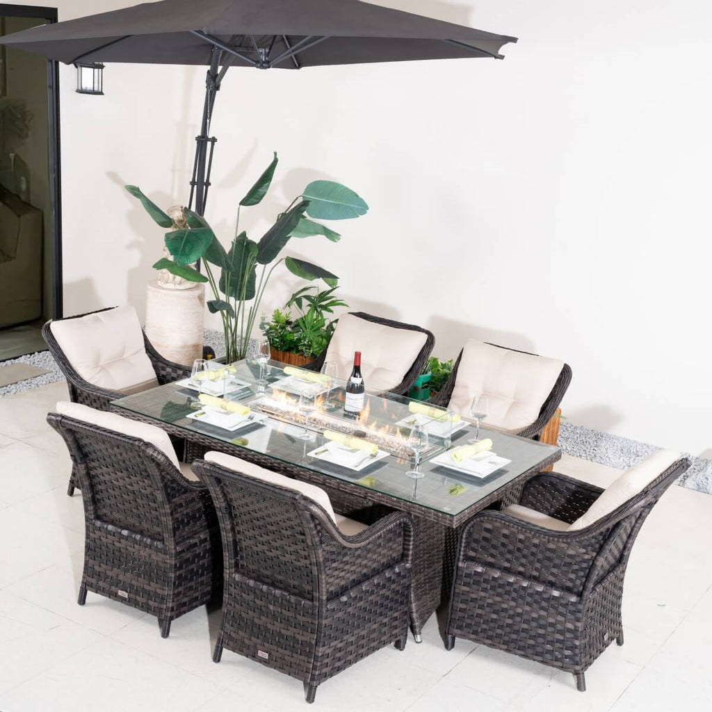 7-Piece Outdoor Patio Fire Pit Dining Set with Aluminum Frame & PE Wicker (PAG-1106R+012)