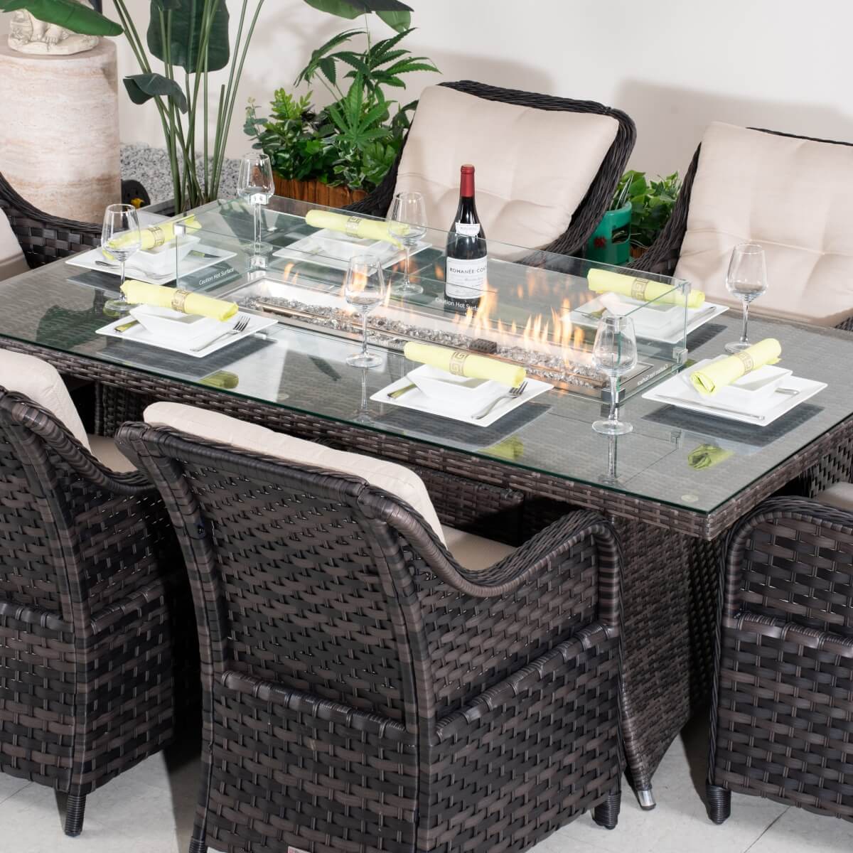 7-Piece Outdoor Patio Fire Pit Dining Set with Aluminum Frame & PE Wicker (PAG-1106R+012)