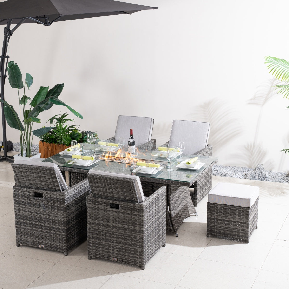 Premium 5-Piece Outdoor Fire Pit Dining Set with Storage Chairs & Ottomans (PAG-1106R+3234-GR)