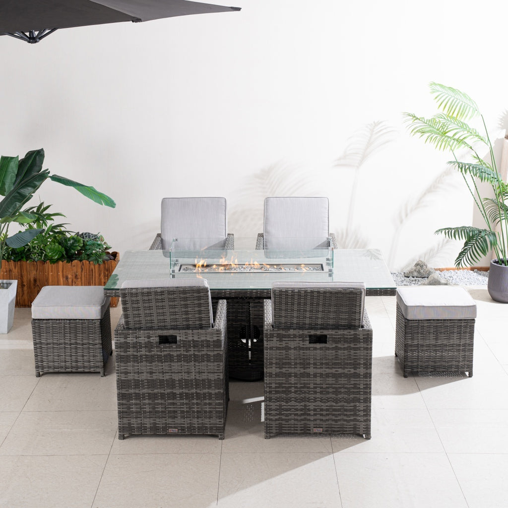 Premium 5-Piece Outdoor Fire Pit Dining Set with Storage Chairs & Ottomans (PAG-1106R+3234-GR)