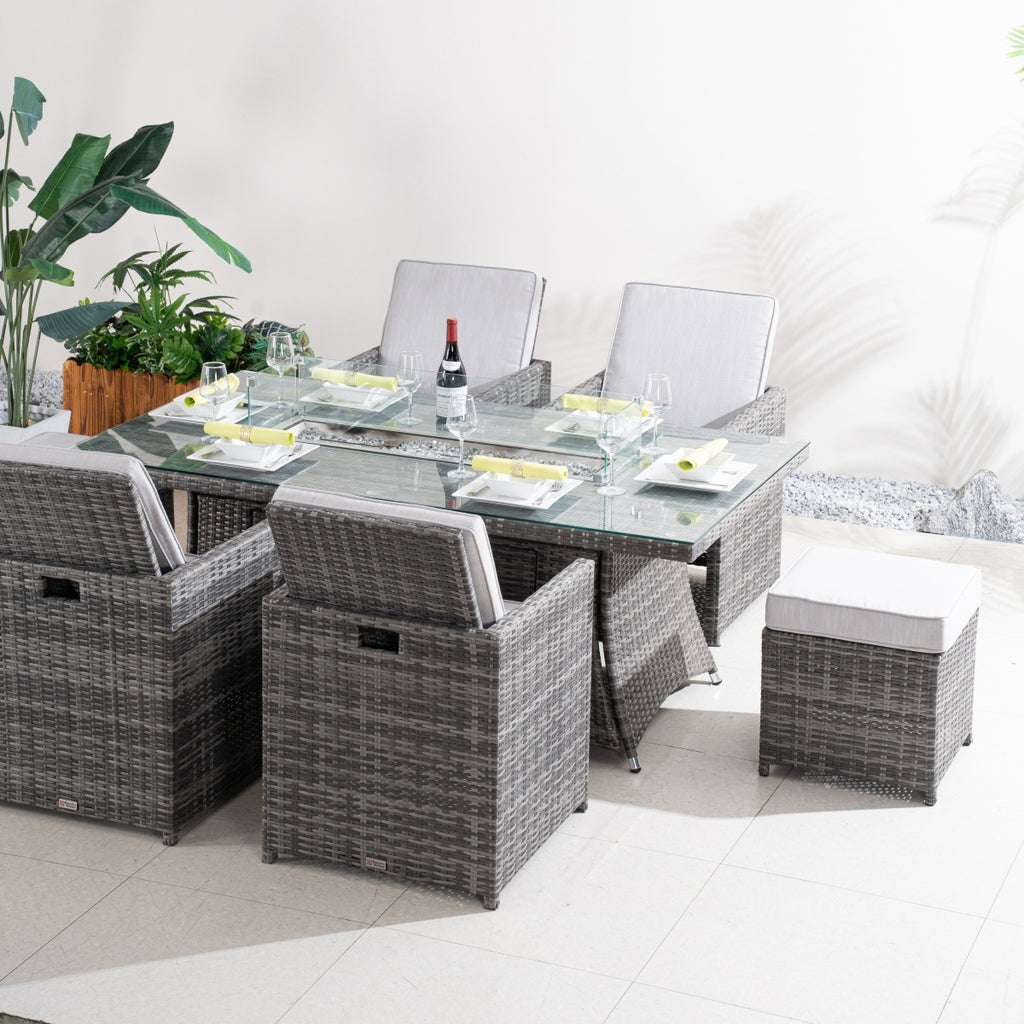 Premium 5-Piece Outdoor Fire Pit Dining Set with Storage Chairs & Ottomans (PAG-1106R+3234-GR)