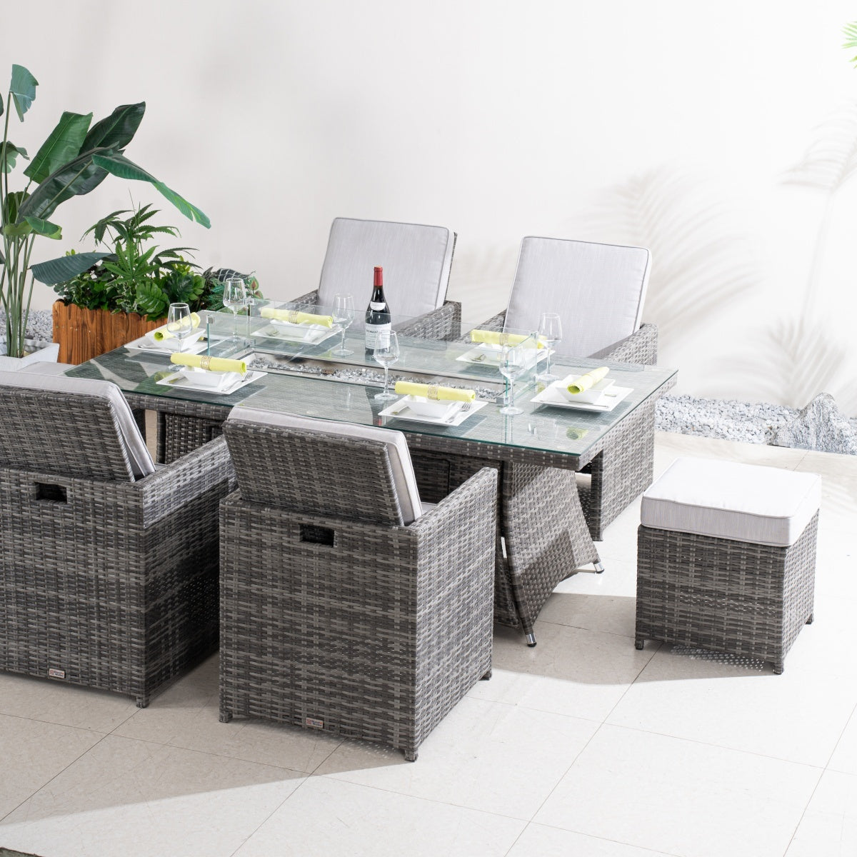 Premium 5-Piece Outdoor Fire Pit Dining Set with Storage Chairs & Ottomans (PAG-1106R+3234-GR)