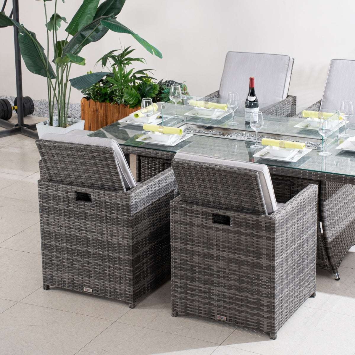 Premium 5-Piece Outdoor Fire Pit Dining Set with Storage Chairs & Ottomans (PAG-1106R+3234-GR)