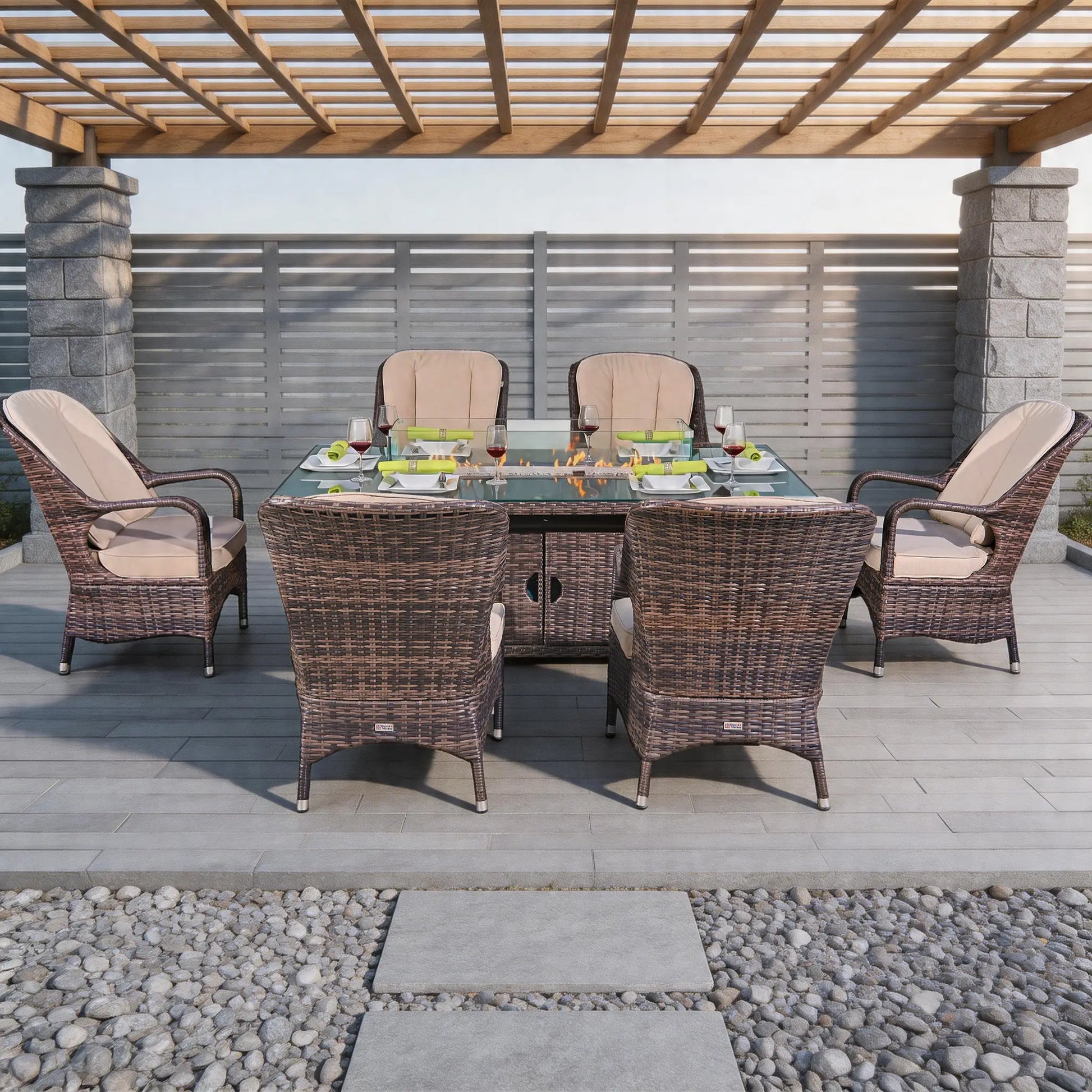 Outdoor patio set with table and chairs on a wooden deck