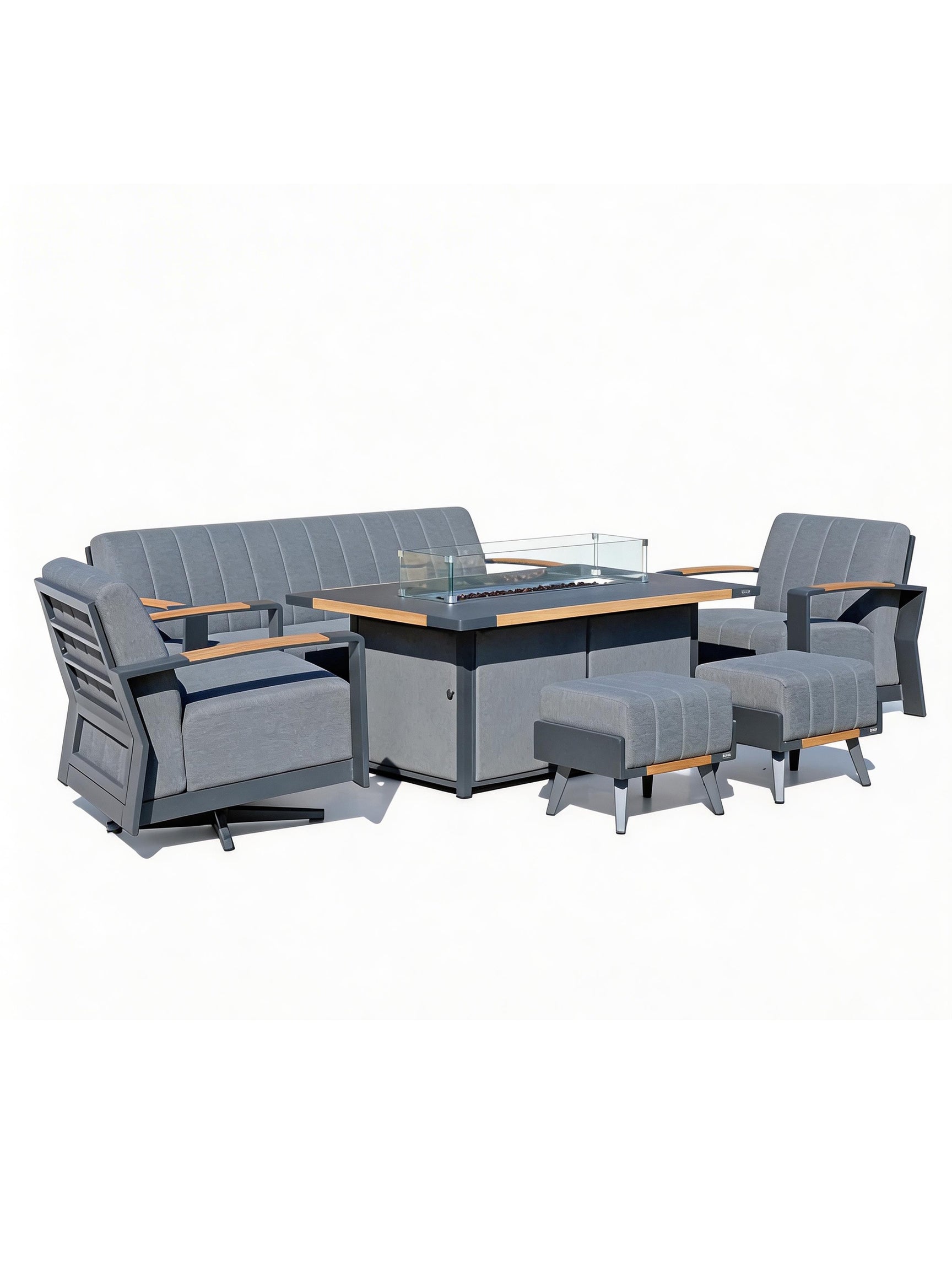 Outdoor patio furniture set with table and chairs on a white background