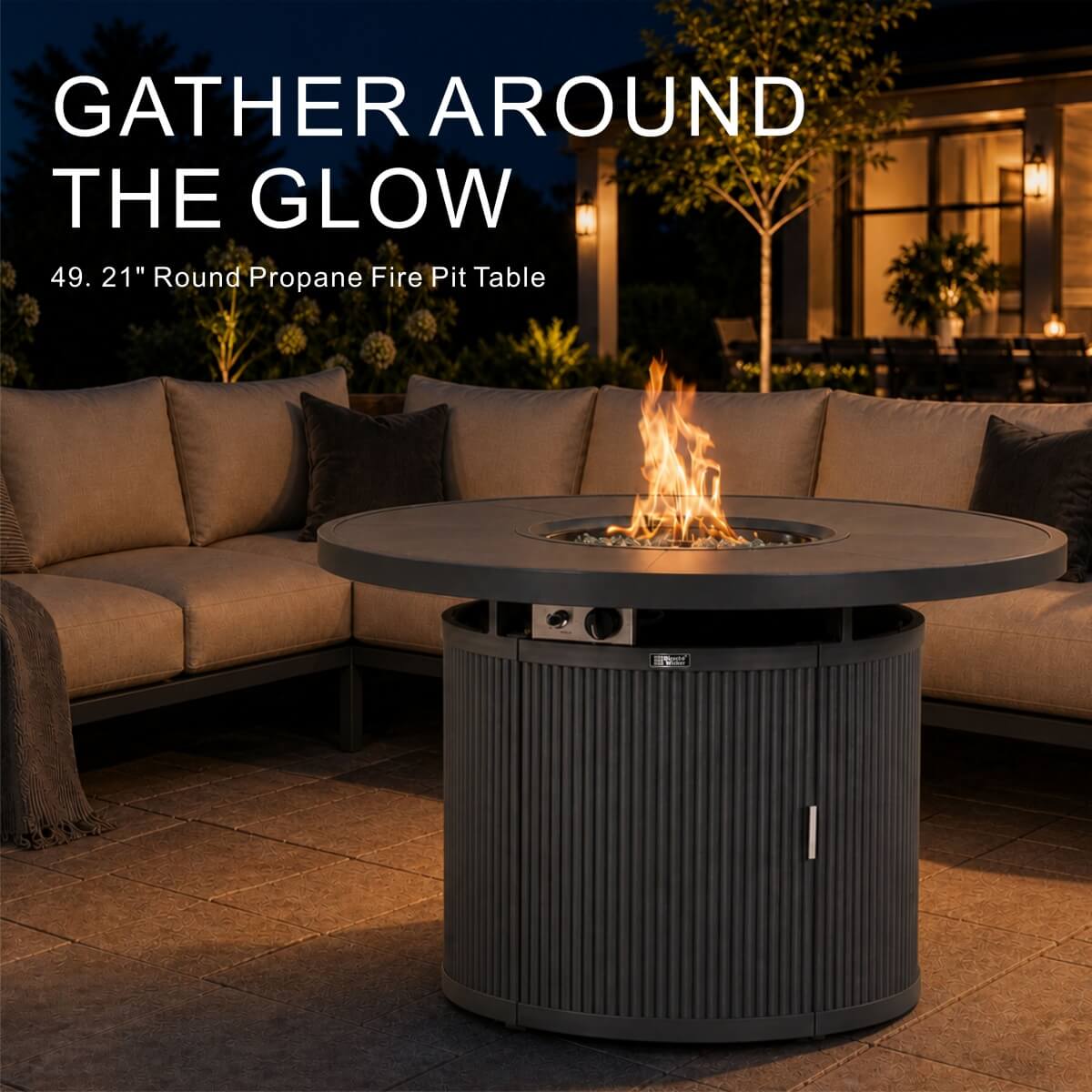 49.21" Round Aluminum Gas Fire Pit Table with Wave-Panel Base